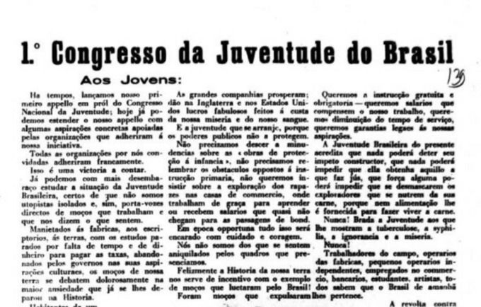 Exemplo de imagem do acervo digitalizado -  Panfleto da Programação do 1º Congresso da Juventude do Brasil / Arquivo Centro de D