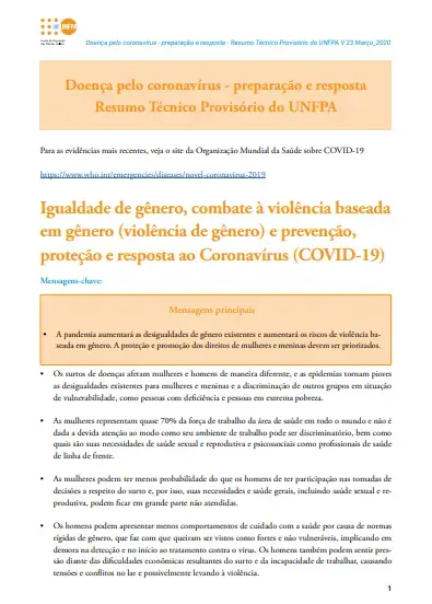 Igualdade de gênero, combate à violência baseada em gênero (violência de gênero) e prevenção, proteção e resposta ao Coronavírus (COVID-19)