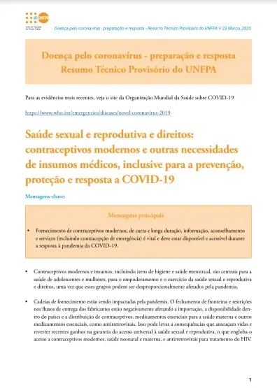 Saúde sexual e reprodutiva e direitos: contraceptivos modernos e outras necessidades de insumos médicos, inclusive para a prevenção, proteção e resposta a COVID-19