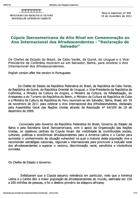 Cúpula Iberoamericana de Alto Nível em Comemoração ao Ano Internacional dos Afrodescendentes - "Declaração de Salvador"