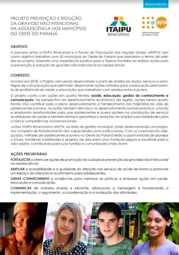 Resumo executivo do projeto Prevenção e Redução da Gravidez Não Intencional na Adolescência