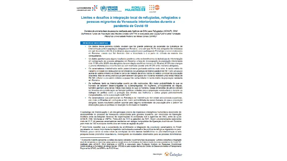 Pesquisa: Limites e desafios à integração local de refugiadas, refugiados e pessoas migrantes da Venezuela interiorizadas durante a pandemia de Covid-19