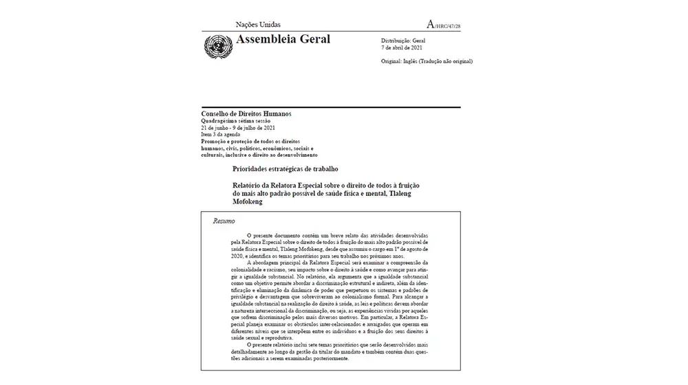 Relatório da Relatora Especial sobre o direito de todos à fruição do mais alto padrão possível de saúde física e mental